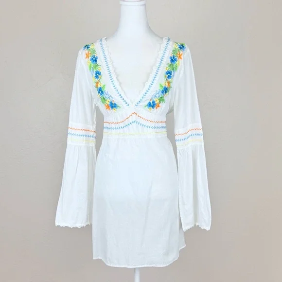 Tommy Bahama Tropical Flower Floral Embroidered V Neck Swim Cover Up Dress M - Picture 1 of 8